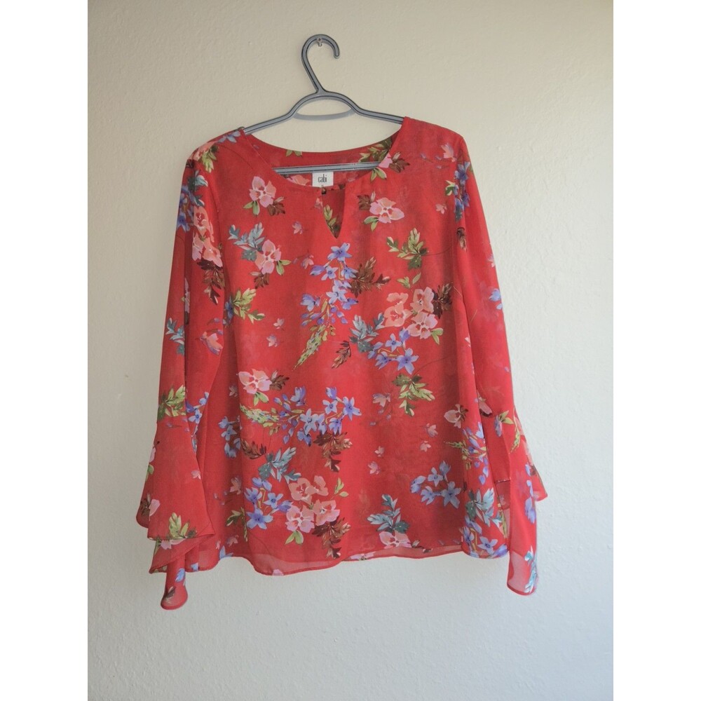 Cabi Women's Medium Red Floral Chiffon Blouse Split V-Neck Layered Bell Sleeve
